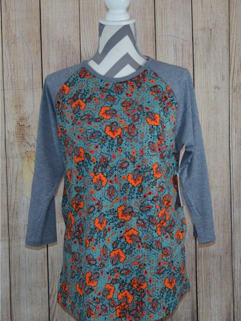 LuLaRoe Randy Floral Raglan Top in Teal, Orange & Gray